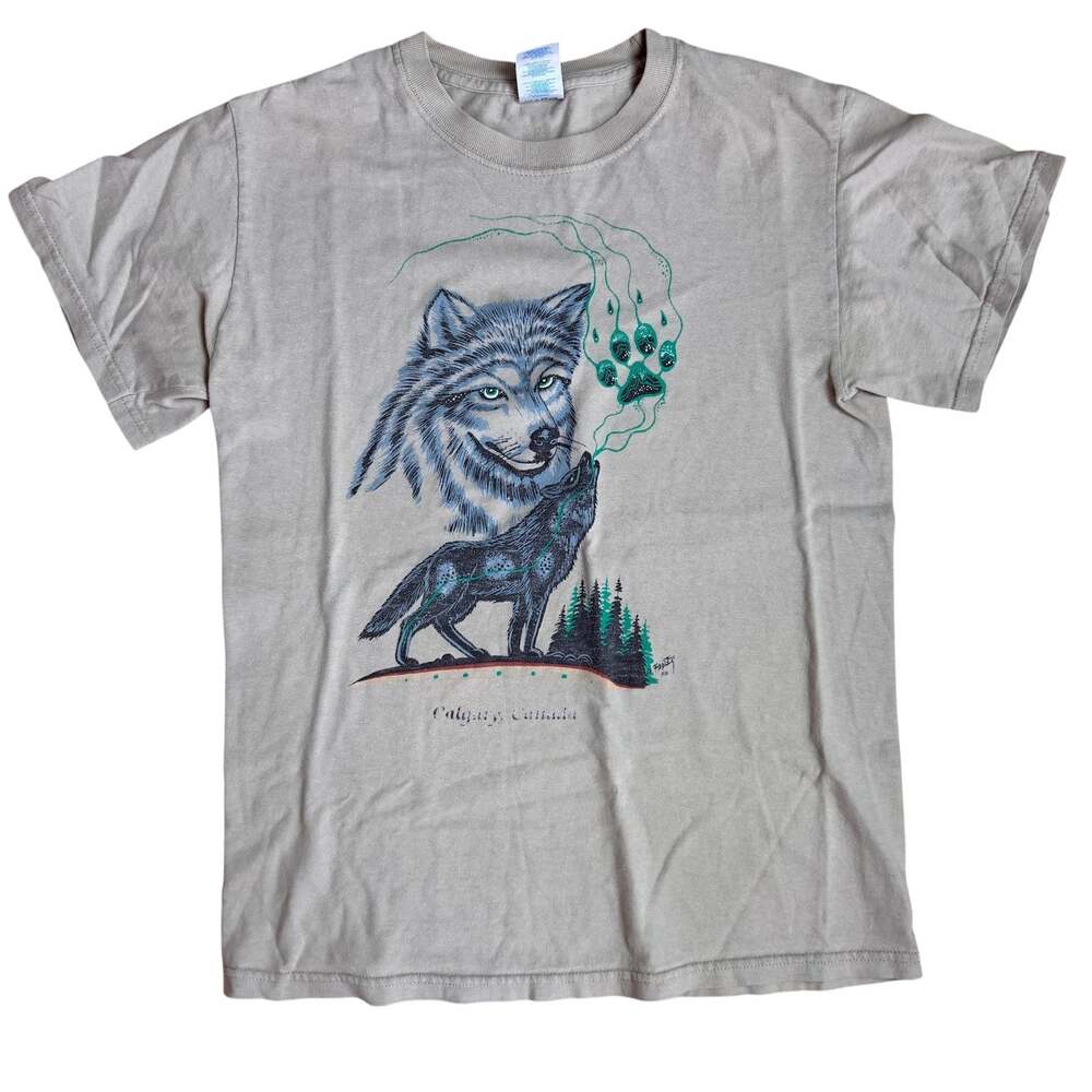 Vintage 90s Calgary Canada Wolf Tee Shirt Small Novelty T-Shirt